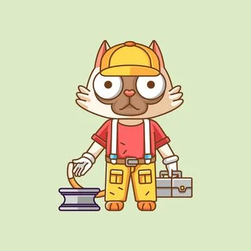 Cute cat mechanic with tool at workshop cartoon animal character mascot icon Stock Illustration