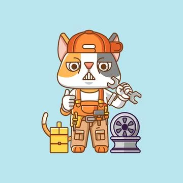 Cute cat mechanic with tool at workshop cartoon animal character mascot icon Stock Illustration