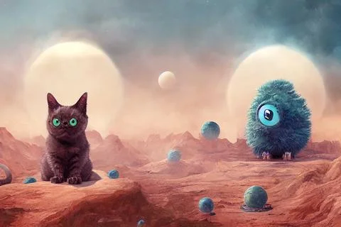Cute cat with a monster on an alien planet, illustration with amazing creatures. Stock Illustration