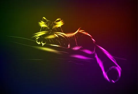 A cute cat in a neon light. Vector illustration. 스톡 일러스트