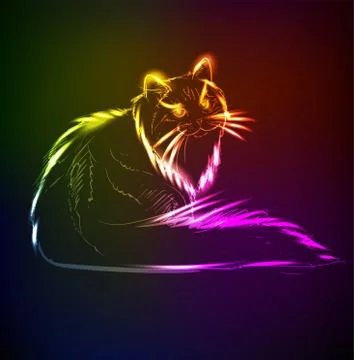 A cute cat in a neon light. Vector illustration. 스톡 일러스트
