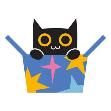 Cute cat in open gift box with stars, festive decorations. Trendy modern ve.. Stock Illustration