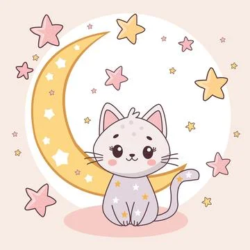 Cute Cat or Kitten with moon and Sparkling Stars. Stock Illustration