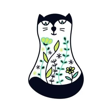 Cute cat, painted with a floral pattern. The silhouette of a cat with floral  Stock Illustration