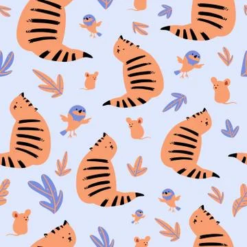Cute Cat Pattern With Blue Background. Can be used for textile, poster, wallp Illustrazione stock