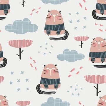 Cute cat pattern - hand drawn childish kitten seamless pattern design Stock Illustration