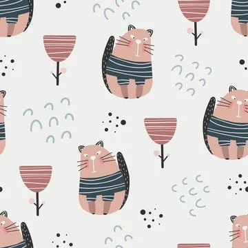 Cute cat pattern - hand drawn childish kitten seamless pattern design Stock Illustration