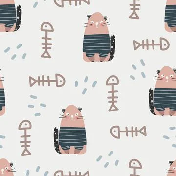 Cute cat pattern - hand drawn childish kitten seamless pattern design Stock Illustration