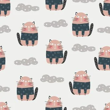 Cute cat pattern - hand drawn childish kitten seamless pattern design Stock Illustration