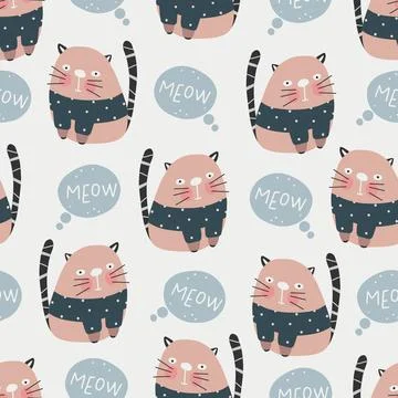 Cute cat pattern - hand drawn childish kitten seamless pattern design Stock Illustration