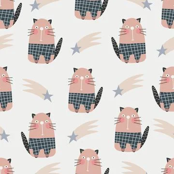 Cute cat pattern - hand drawn childish kitten seamless pattern design Stock Illustration
