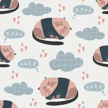 Cute cat pattern - hand drawn childish kitten seamless pattern design Stock Illustration