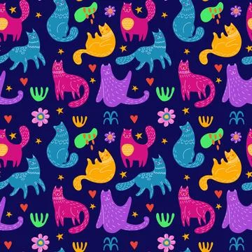 Cute cat pattern, scandinavian animals. Kids style tiger, childish hand dra.. Stock Illustration