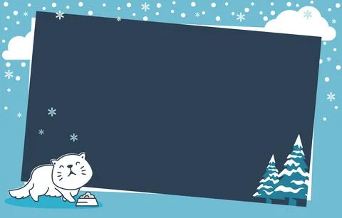 Cute Cat Pine Tree Winter Snowflake Holiday Card Frame Background Template Stock Illustration