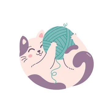 Cute cat playing with balls of thread. Domestic pets, feline activities. Stock Illustration