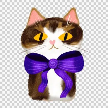 Cute cat with purple bow hand drawn in watercolor style Stock Illustration