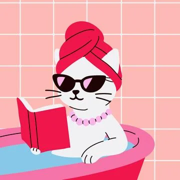 Cute Cat Reading Book in Bubble Bath with Sunglasses Stock-Illustration