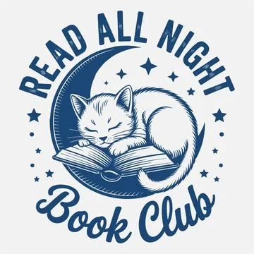 Cute cat reading illustration read all night book club quote design vector .. Illustrazione stock