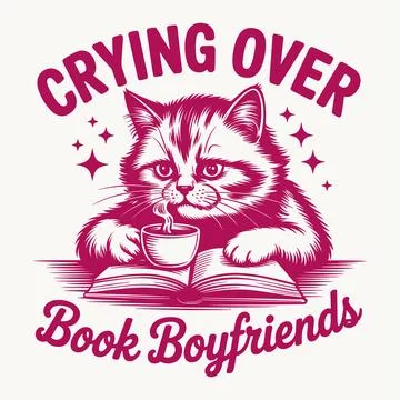 Cute cat reading quote crying over book boyfriends funny animal illustratio.. Stock-Illustration