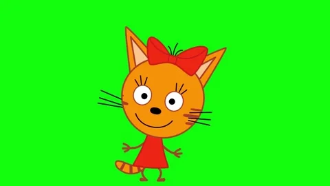 Cute cat with red bow cartoon green screen. girl animation on green background 動画素材 313225419
