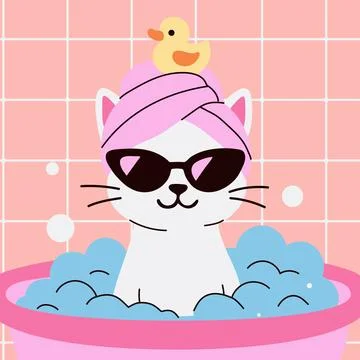 Cute Cat Relaxing in Bubble Bath with Rubber Duck Stock-Illustration