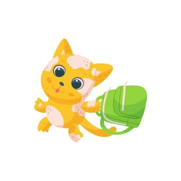 Cute cat running to school with backpack, flat vector illustration isolated. イラスト素材