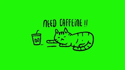 Cute cat said need caffeine looping animation on green background Stock Footage 340269806