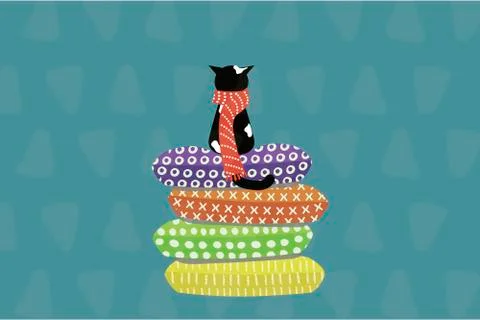 Cute cat in a scarf sitting on pillows - hand-drawn vector flat character ill Stock Illustration