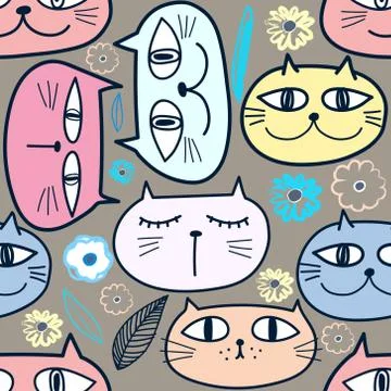 Cute cat seamless pattern background. Vector illustration for fabric and gift Illustrazione stock
