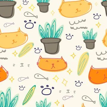 Cute cat seamless pattern background. Vector illustration. Stock Illustration