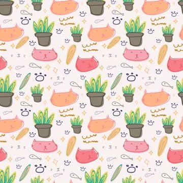 Cute cat seamless pattern background. Vector illustration. Stock Illustration