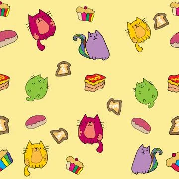 Cute Cat seamless pattern with cake and rainbow on colorful background Vector Stock Illustration