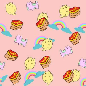 Cute Cat seamless pattern with cake and rainbow on colorful background Vector Stock Illustration