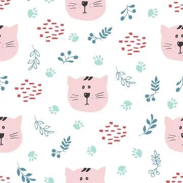 Cute Cat Seamless pattern. Cartoon Animals in forest background. Vector illus Stock Illustration