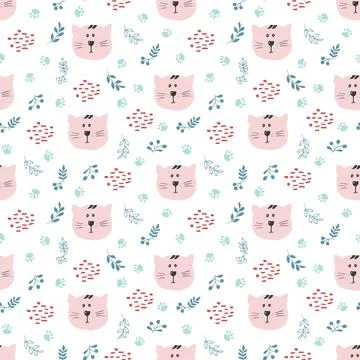 Cute Cat Seamless pattern. Cartoon Animals in forest background. Vector illus Stock Illustration