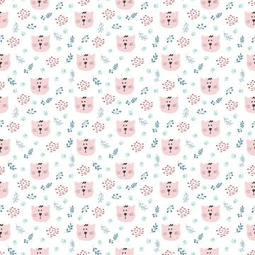 Cute Cat Seamless pattern. Cartoon Animals in forest background. Vector illus Stock Illustration