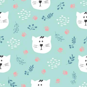 Cute Cat Seamless pattern. Cartoon Animals in forest background. Vector illus Stock Illustration
