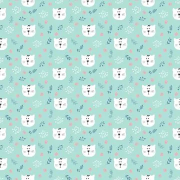 Cute Cat Seamless pattern. Cartoon Animals in forest background. Vector illus Stock Illustration