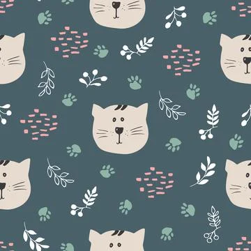 Cute Cat Seamless pattern. Cartoon Animals in forest background. Vector illus Stock Illustration
