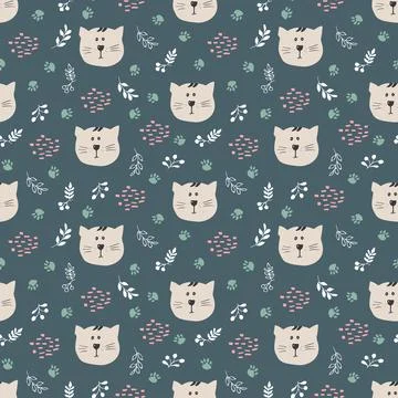 Cute Cat Seamless pattern. Cartoon Animals in forest background. Vector illus Stock Illustration