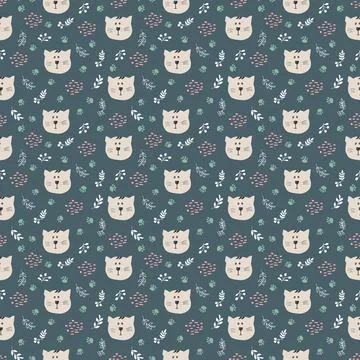 Cute Cat Seamless pattern. Cartoon Animals in forest background. Vector illus Stock Illustration