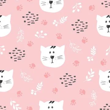Cute Cat Seamless pattern. Cartoon Animals in forest background. Vector illus Stock Illustration