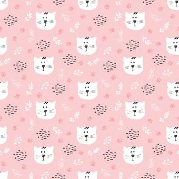 Cute Cat Seamless pattern. Cartoon Animals in forest background. Vector illus Stock Illustration