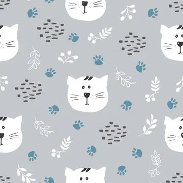 Cute Cat Seamless pattern. Cartoon Animals in forest background. Vector illus Illustrazione stock