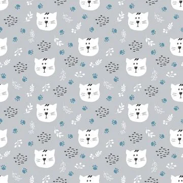 Cute Cat Seamless pattern. Cartoon Animals in forest background. Vector illus Stock Illustration