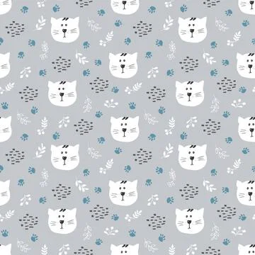 Cute Cat Seamless pattern. Cartoon Animals in forest background. Vector illus Stock Illustration