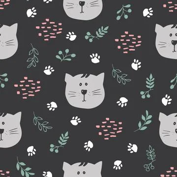 Cute Cat Seamless pattern. Cartoon Animals in forest background. Vector illus Stock Illustration