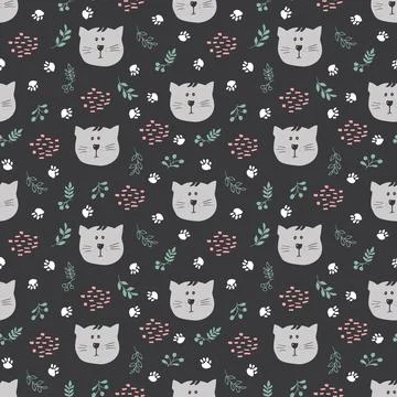 Cute Cat Seamless pattern. Cartoon Animals in forest background. Vector illus Stock Illustration