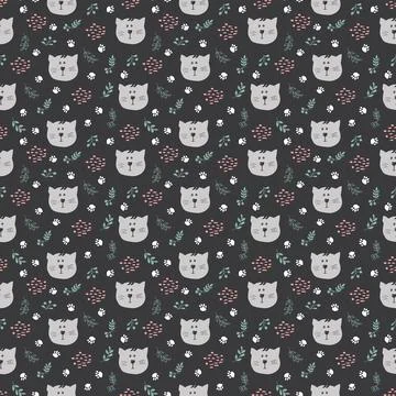 Cute Cat Seamless pattern. Cartoon Animals in forest background. Vector illus Stock Illustration