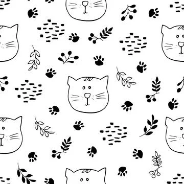 Cute Cat Seamless pattern. Cartoon Animals in forest background. Vector illus Illustrazione stock